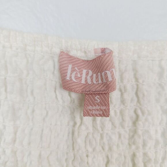 Le Rumi Bow Dress S White Seersucker Off Shoulder Tie Sleeve Smocked A-Line Mini - Picture 7 of 10